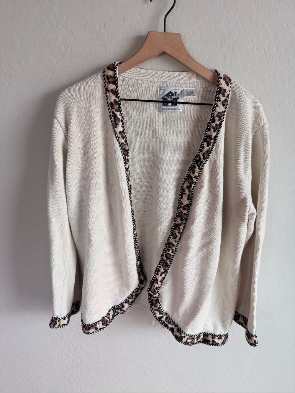 Storybook Knits Cream Open Front Sweater Leopard Trim L Vintage Beaded Y2K